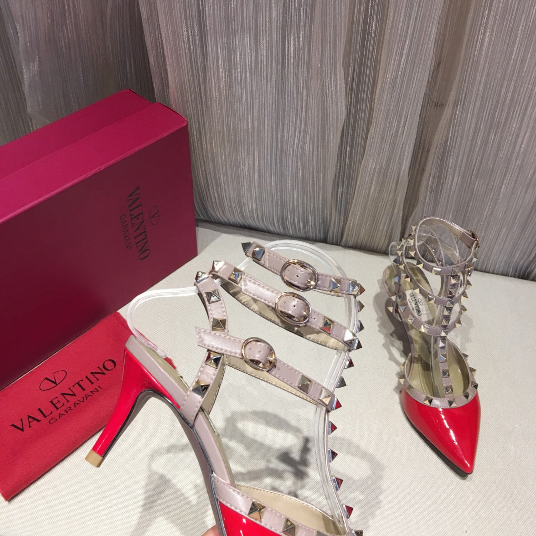 ROCKSTUD CAGED PUMP 65MM IN RUBY RED MIX LIGHT PINK PATENT CALFSKIN - 34