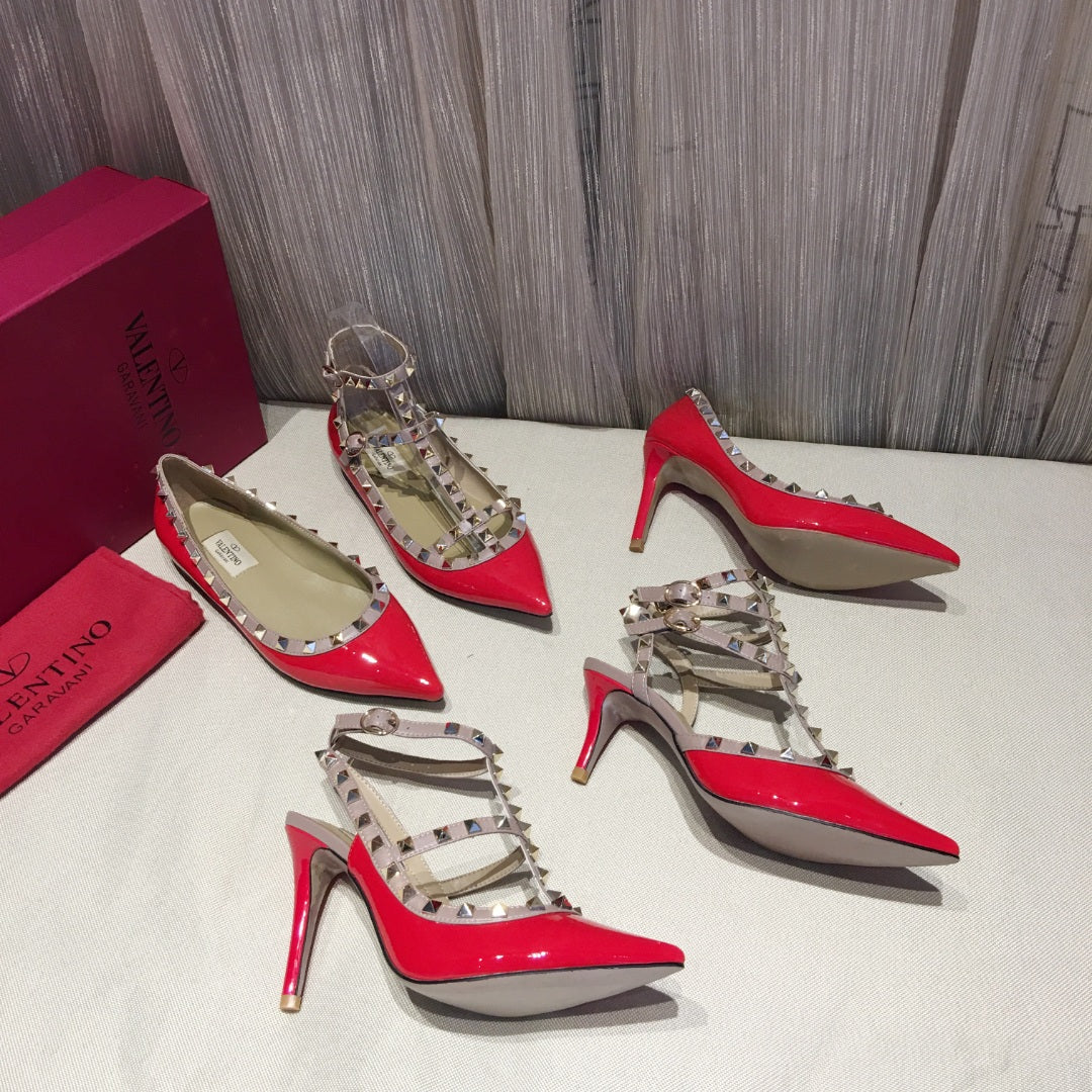 ROCKSTUD CAGED PUMP 65MM IN RUBY RED MIX LIGHT PINK PATENT CALFSKIN - 34