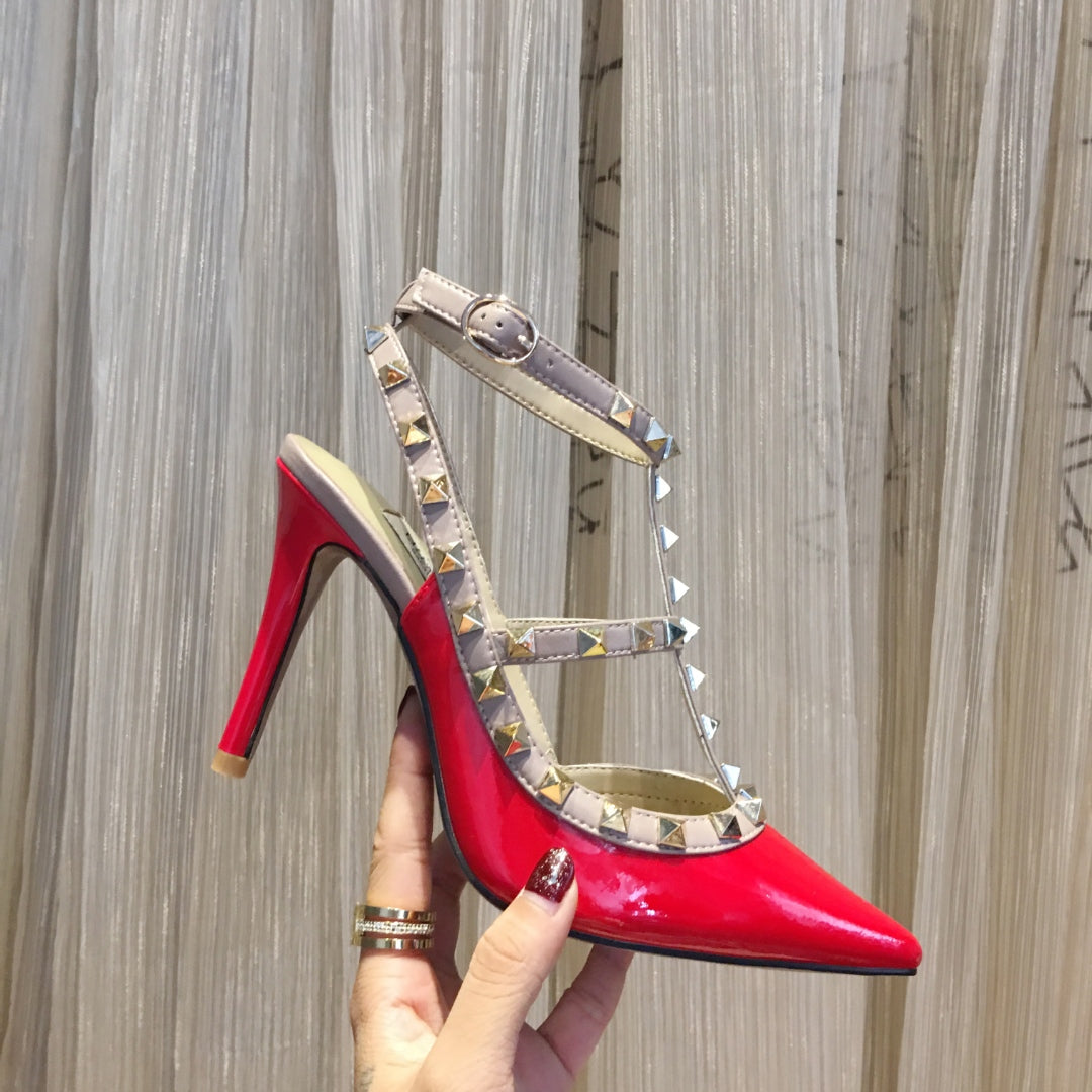 ROCKSTUD CAGED HIGH PUMP IN CHERRY RED MIX LIGHT PINK PATENT CALFSKIN 100 MM - 34