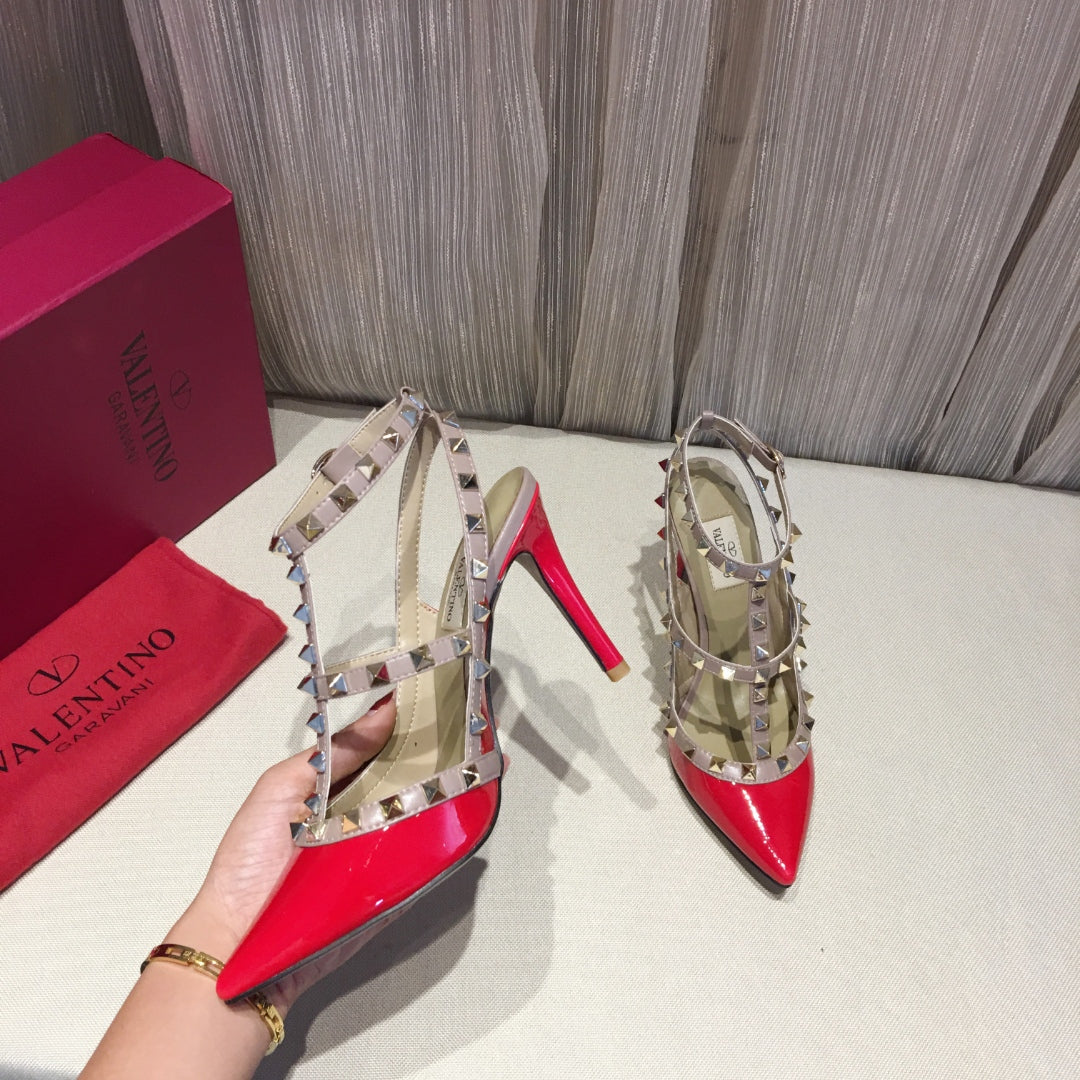 ROCKSTUD CAGED HIGH PUMP IN CHERRY RED MIX LIGHT PINK PATENT CALFSKIN 100 MM - 34