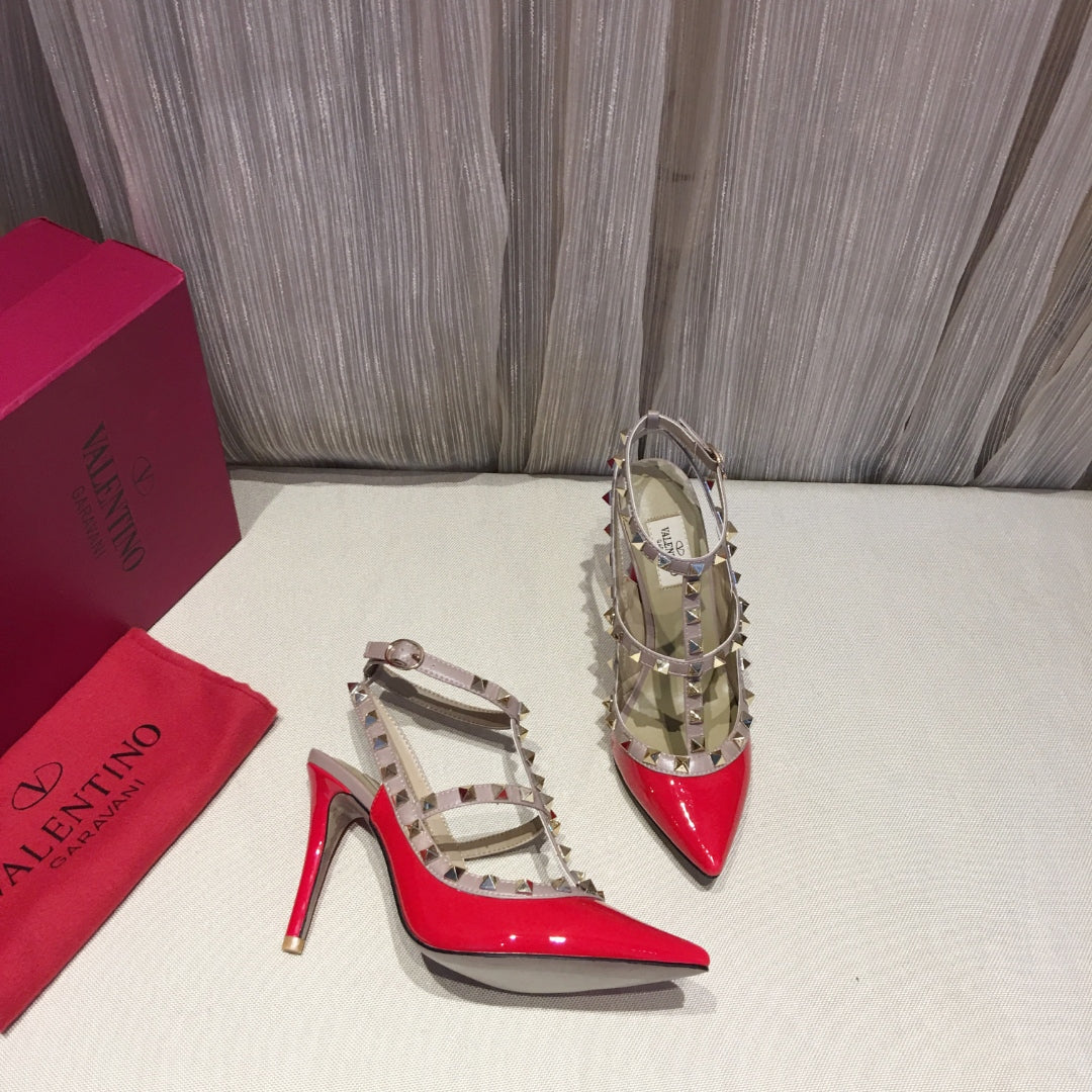 ROCKSTUD CAGED HIGH PUMP IN CHERRY RED MIX LIGHT PINK PATENT CALFSKIN 100 MM - 34