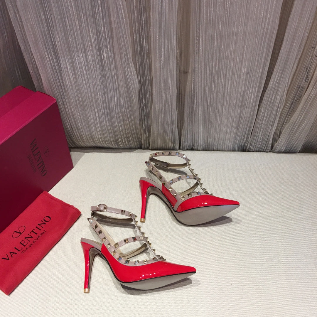ROCKSTUD CAGED HIGH PUMP IN CHERRY RED MIX LIGHT PINK PATENT CALFSKIN 100 MM - 34