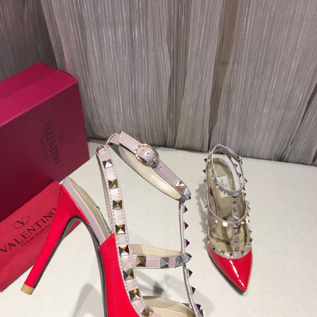 ROCKSTUD CAGED HIGH PUMP IN CHERRY RED MIX LIGHT PINK PATENT CALFSKIN 100 MM - 34