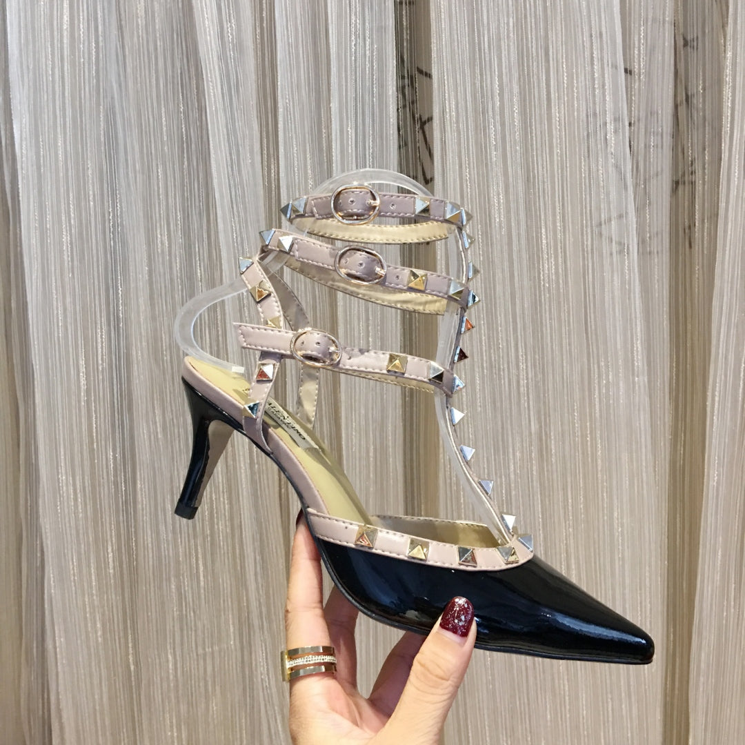 ROCKSTUD CAGED PUMP 65MM IN BLACK MIX LIGHT PINK PATENT CALFSKIN - 34