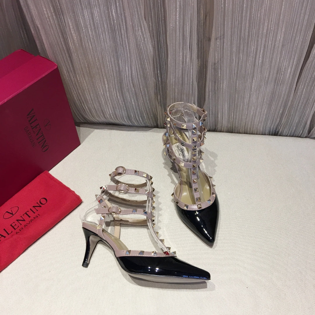 ROCKSTUD CAGED PUMP 65MM IN BLACK MIX LIGHT PINK PATENT CALFSKIN - 34