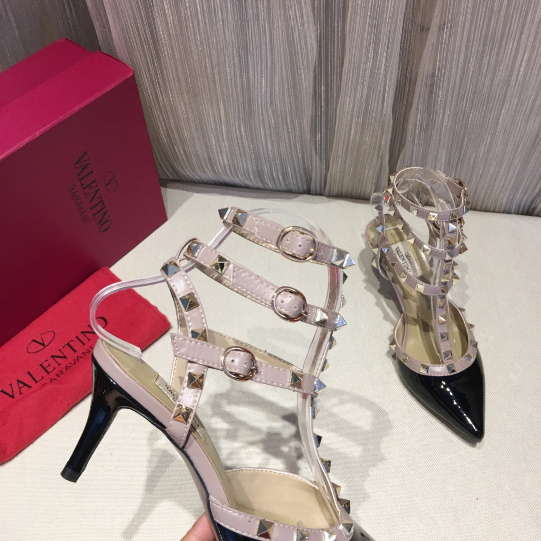ROCKSTUD CAGED PUMP 65MM IN BLACK MIX LIGHT PINK PATENT CALFSKIN - 34