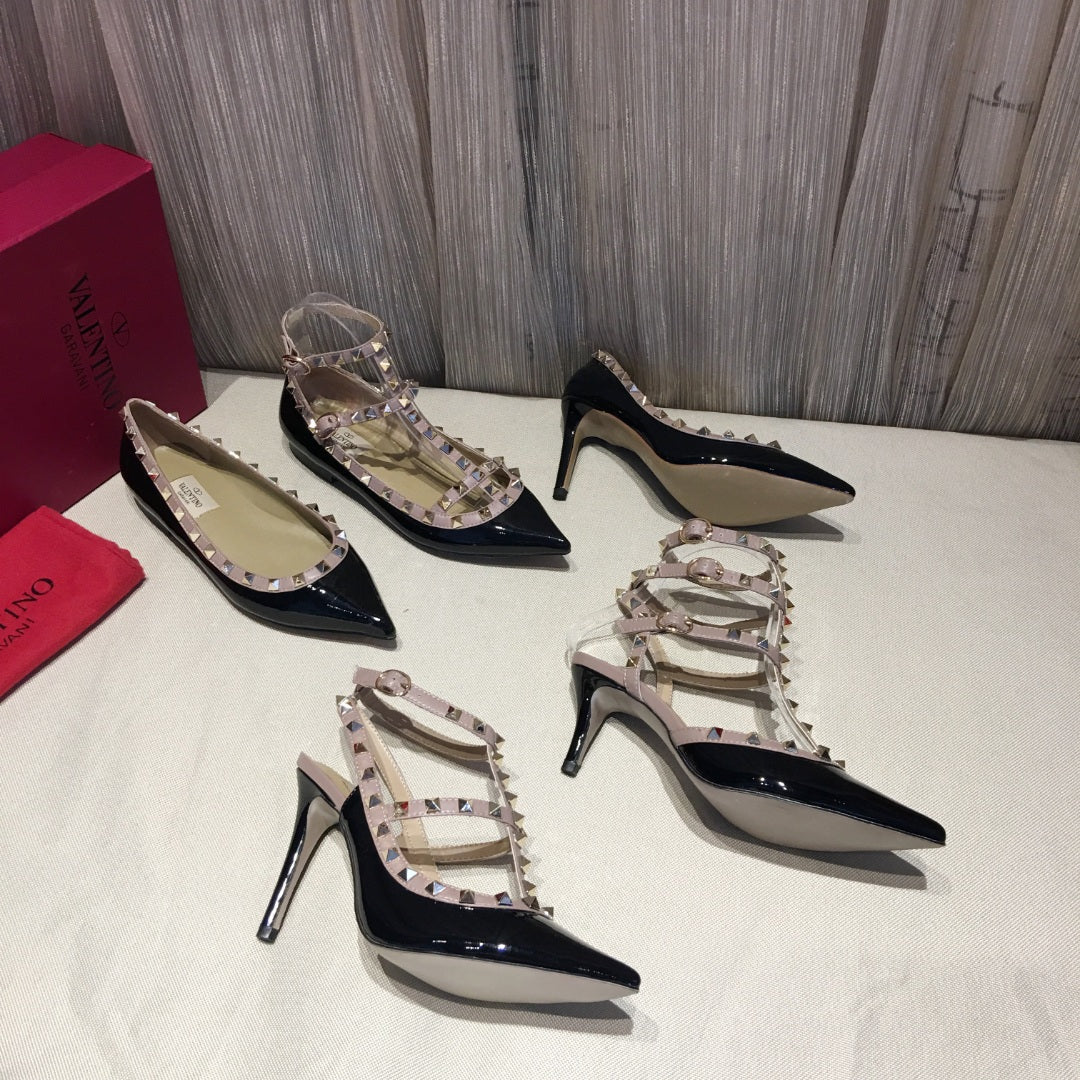 ROCKSTUD CAGED PUMP 65MM IN BLACK MIX LIGHT PINK PATENT CALFSKIN - 34