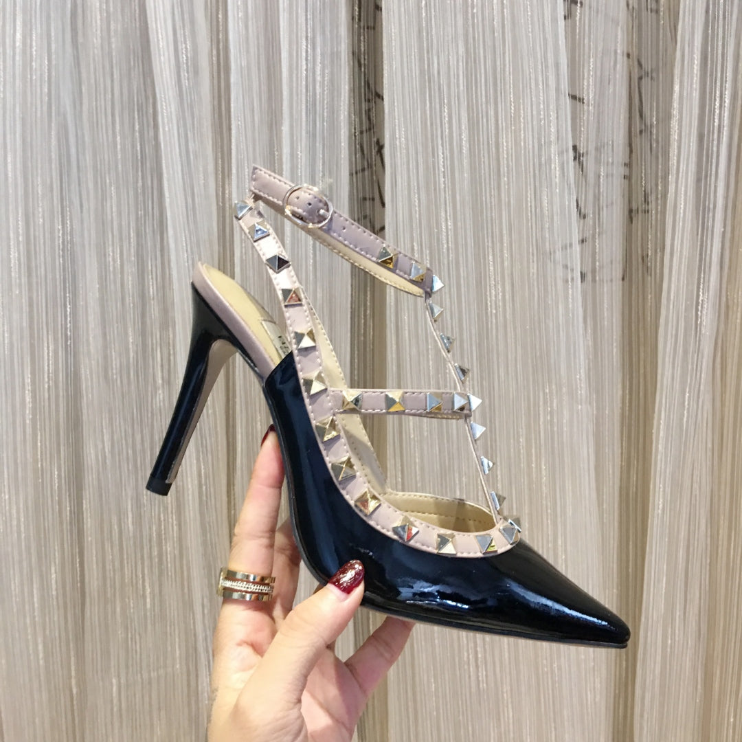 ROCKSTUD CAGED HIGH PUMP IN BLACK MIX LIGHT PINK PATENT CALFSKIN 100 MM - 34