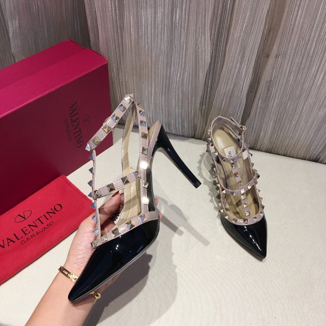 ROCKSTUD CAGED HIGH PUMP IN BLACK MIX LIGHT PINK PATENT CALFSKIN 100 MM - 34