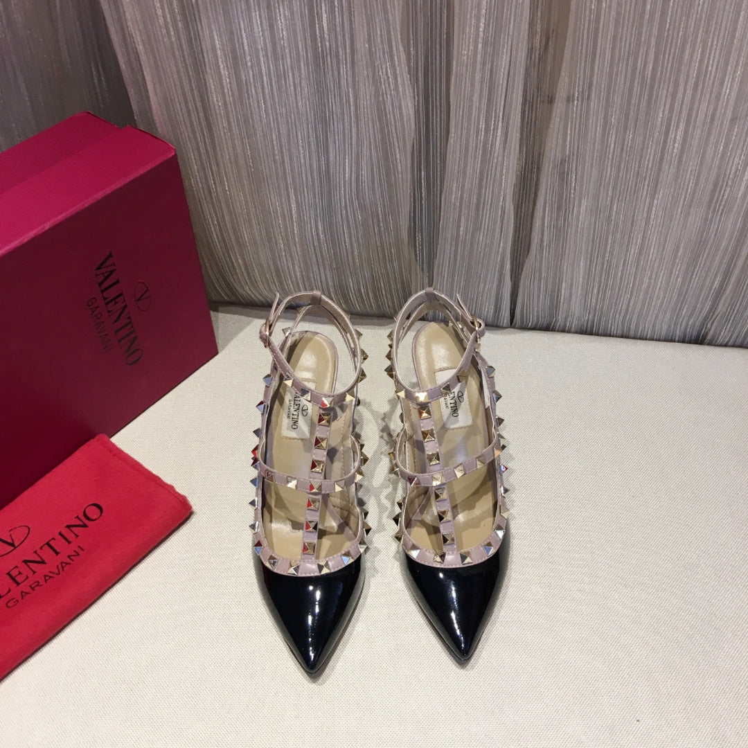 ROCKSTUD CAGED HIGH PUMP IN BLACK MIX LIGHT PINK PATENT CALFSKIN 100 MM - 34