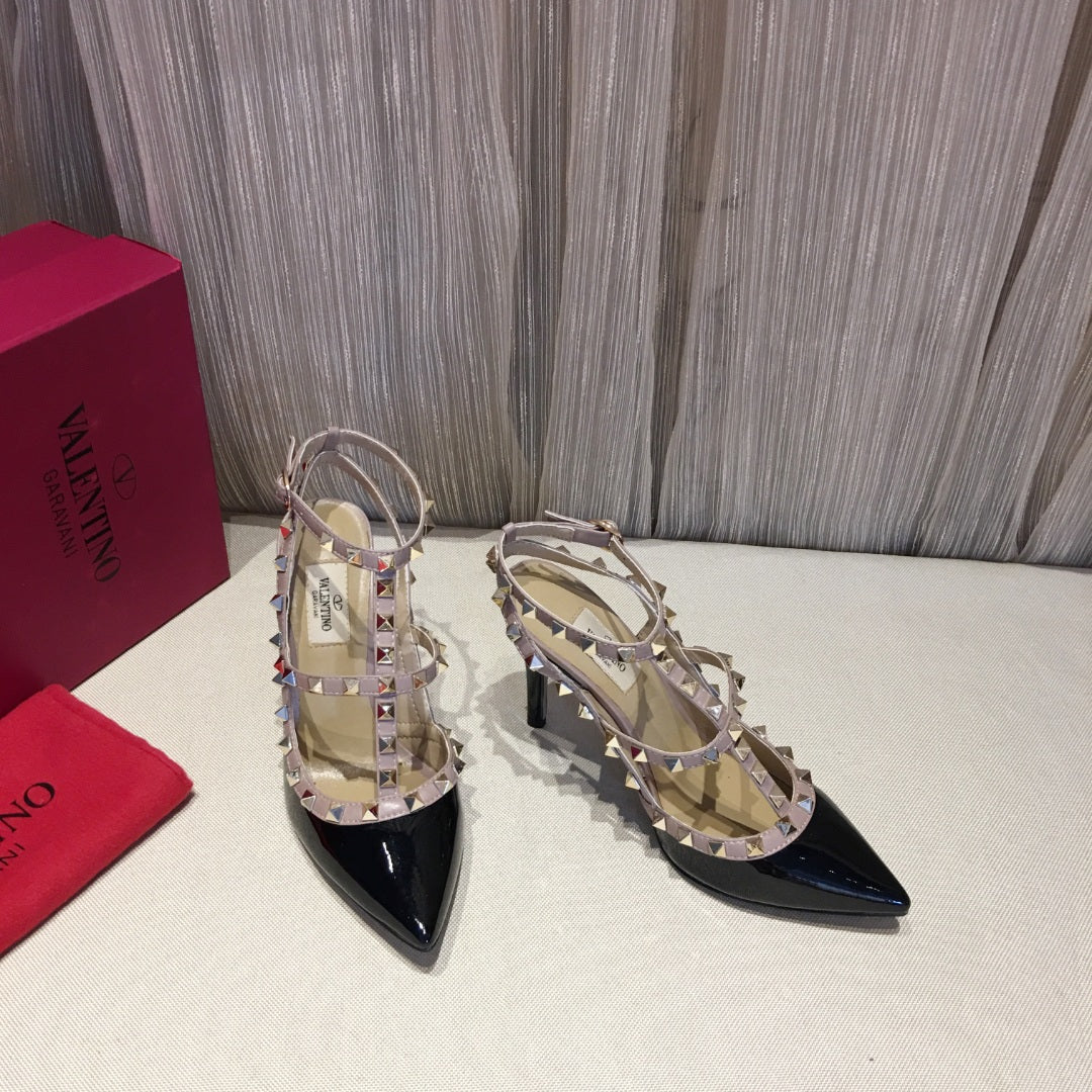 ROCKSTUD CAGED HIGH PUMP IN BLACK MIX LIGHT PINK PATENT CALFSKIN 100 MM - 34