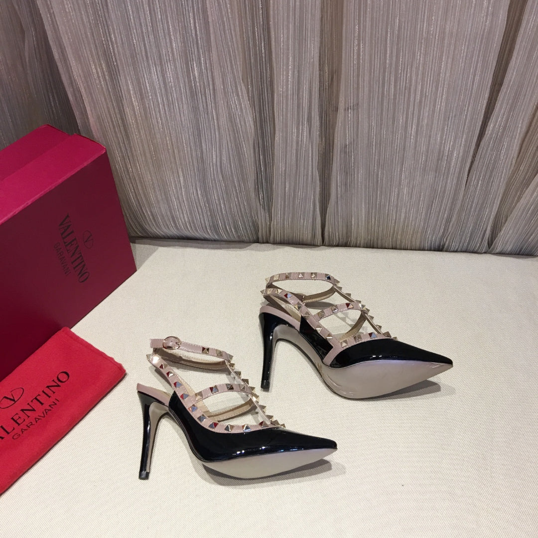 ROCKSTUD CAGED HIGH PUMP IN BLACK MIX LIGHT PINK PATENT CALFSKIN 100 MM - 34