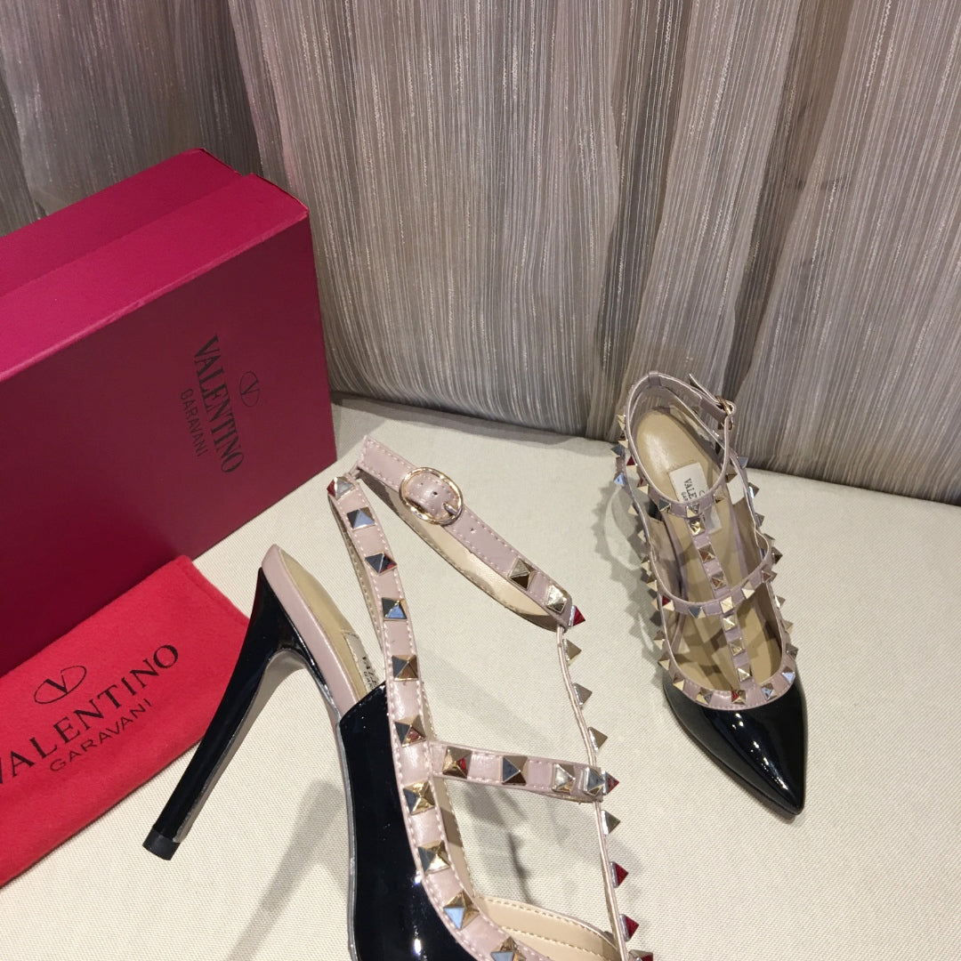ROCKSTUD CAGED HIGH PUMP IN BLACK MIX LIGHT PINK PATENT CALFSKIN 100 MM - 34