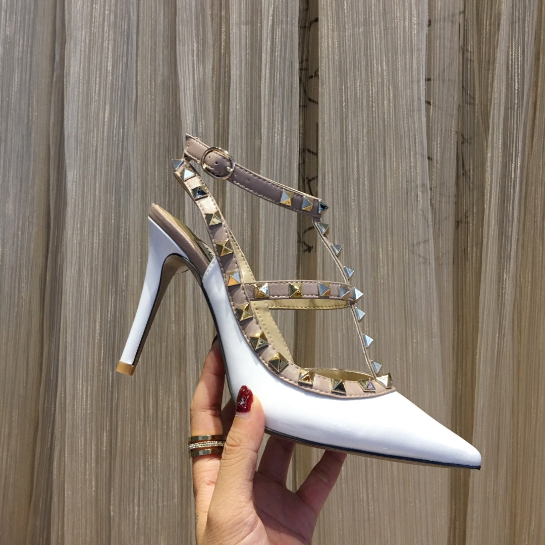 ROCKSTUD CAGED HIGH PUMP IN WHITE MIX LIGHT PINK PATENT CALFSKIN 100 MM - 34