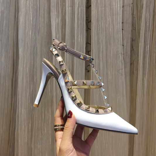 ROCKSTUD CAGED HIGH PUMP IN WHITE MIX LIGHT PINK PATENT CALFSKIN 100 MM - 34