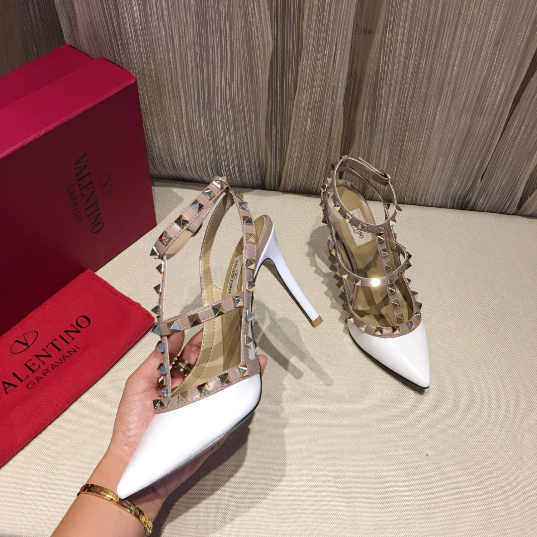 ROCKSTUD CAGED HIGH PUMP IN WHITE MIX LIGHT PINK PATENT CALFSKIN 100 MM - 34