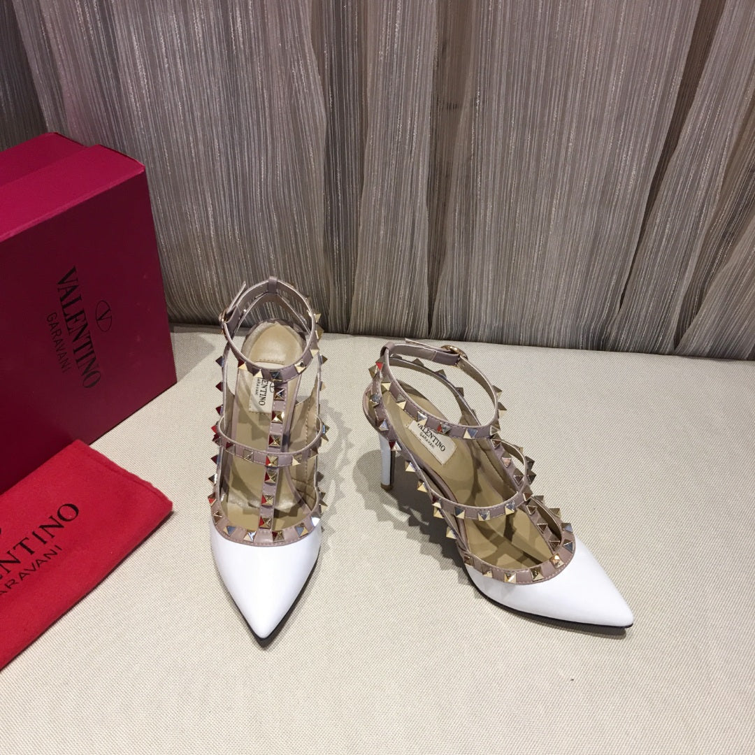 ROCKSTUD CAGED HIGH PUMP IN WHITE MIX LIGHT PINK PATENT CALFSKIN 100 MM - 34