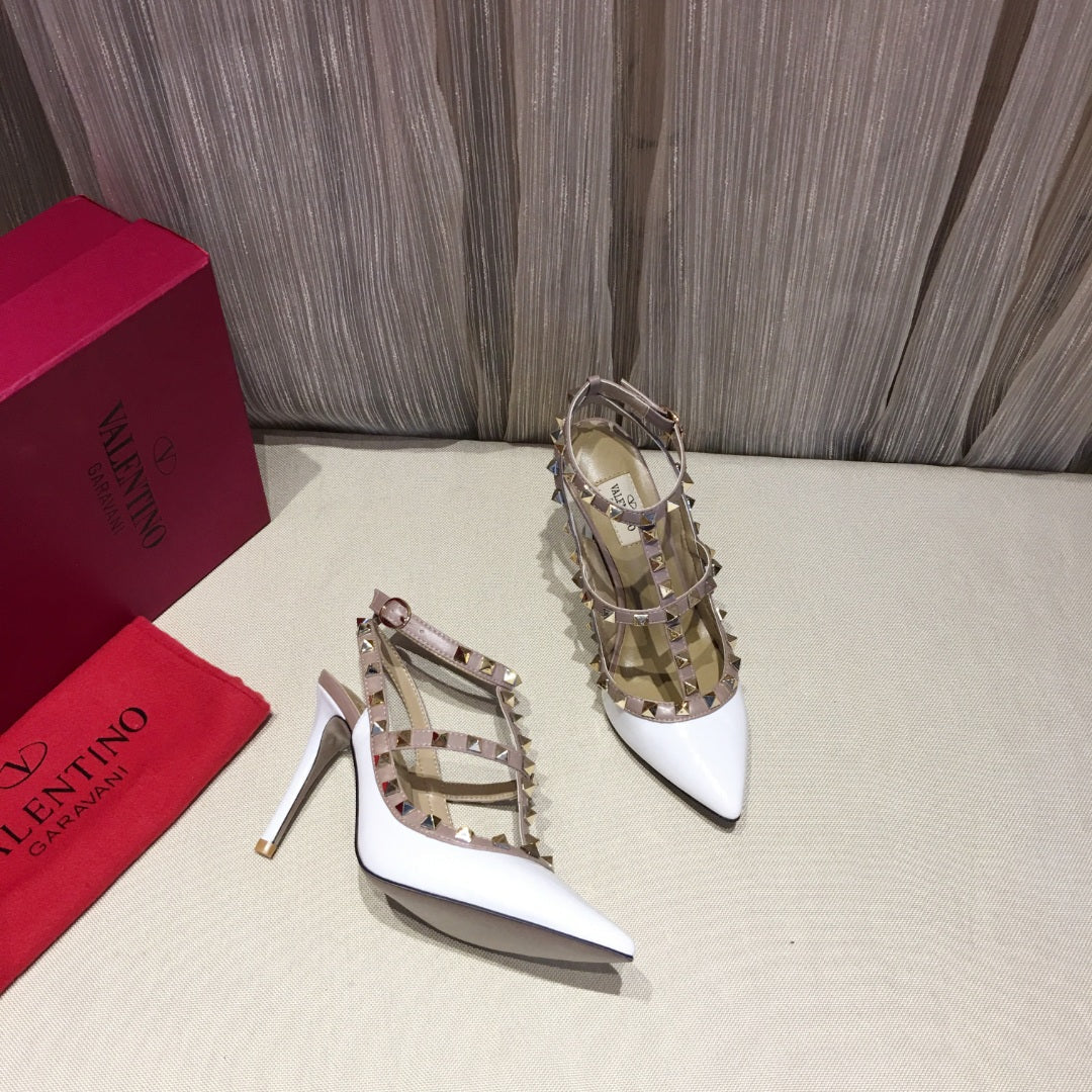 ROCKSTUD CAGED HIGH PUMP IN WHITE MIX LIGHT PINK PATENT CALFSKIN 100 MM - 34