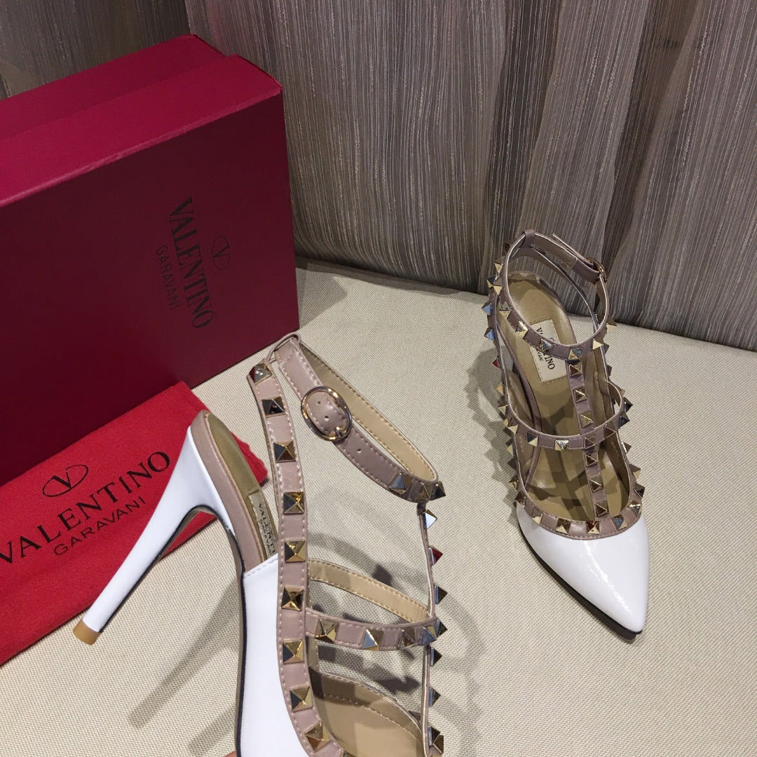 ROCKSTUD CAGED HIGH PUMP IN WHITE MIX LIGHT PINK PATENT CALFSKIN 100 MM - 34