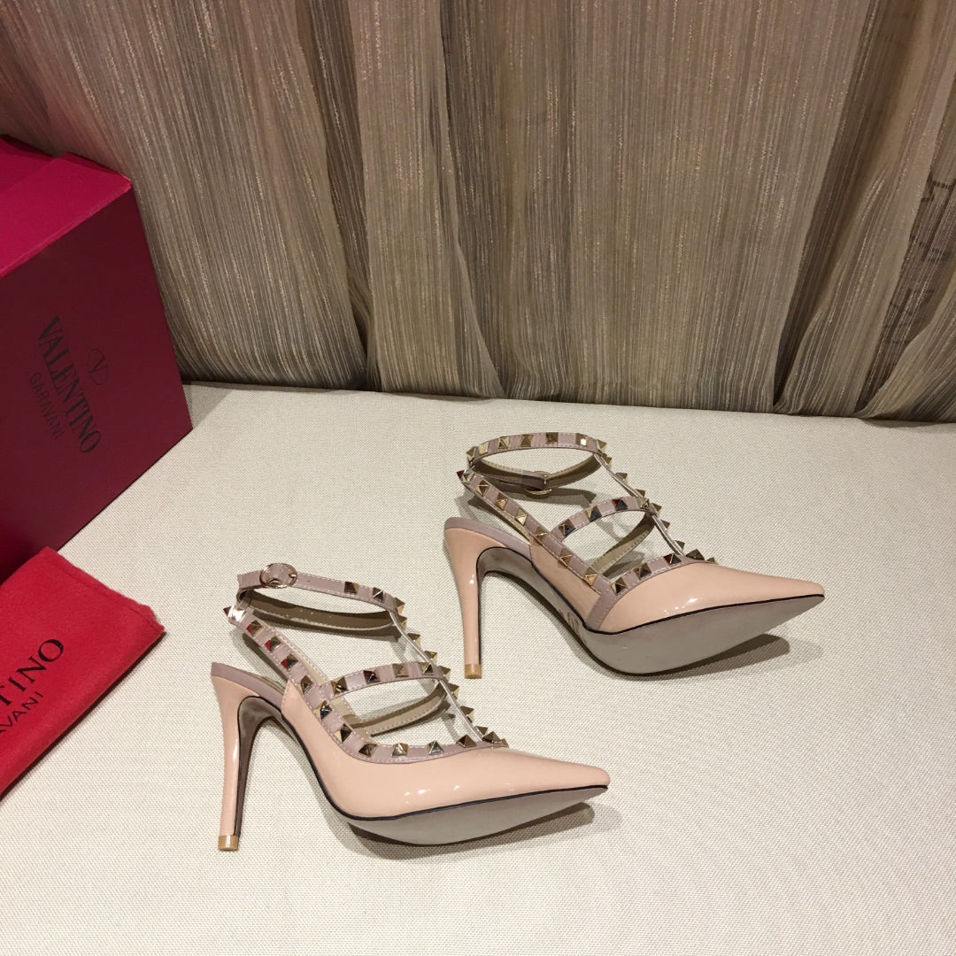 ROCKSTUD CAGED HIGH PUMP IN PEACHY MIX LIGHT PINK PATENT CALFSKIN 100 MM - 34