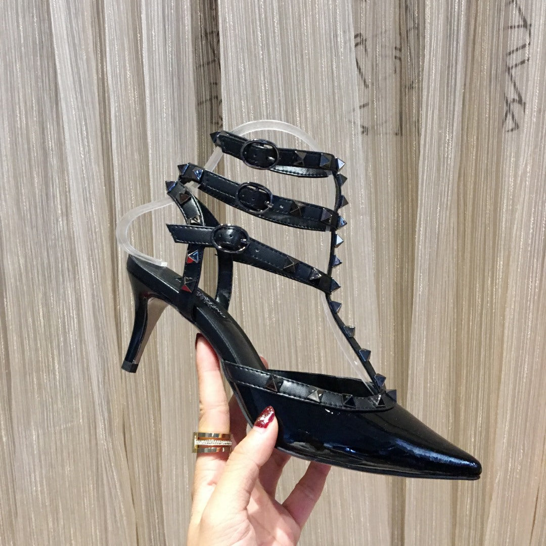 HIGH HEEL SANDAL FULL BLACK LAMBSKIN WITH STUDS - 34