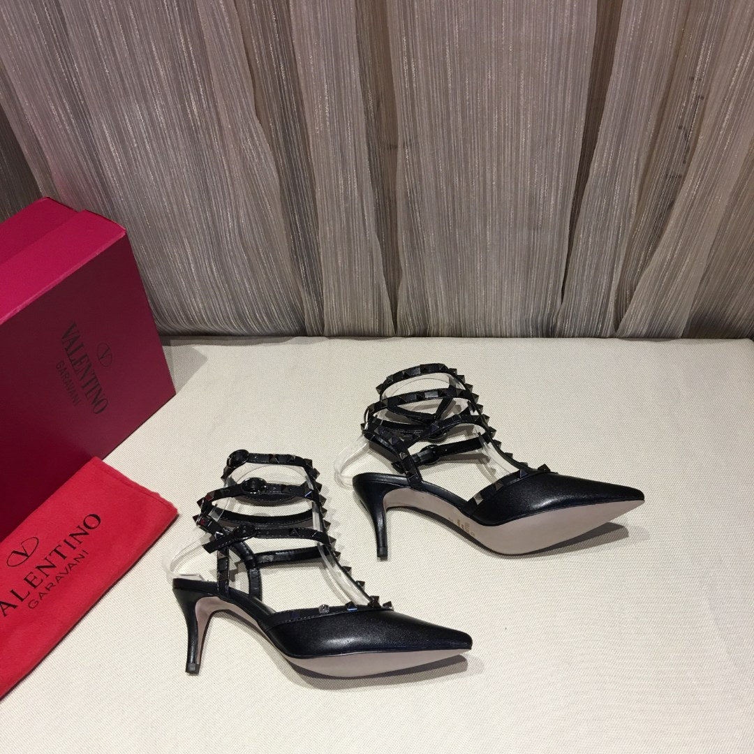 HIGH HEEL SANDAL FULL BLACK LAMBSKIN WITH STUDS - 34