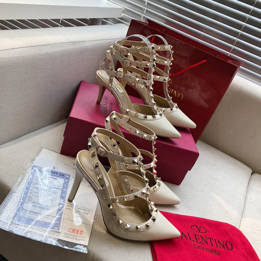 ROCKSTUD WHITE CREAM METALLIC CALFSKIN ANKLE STRAP HIGH SANDAL - 34 / 9.5 cm