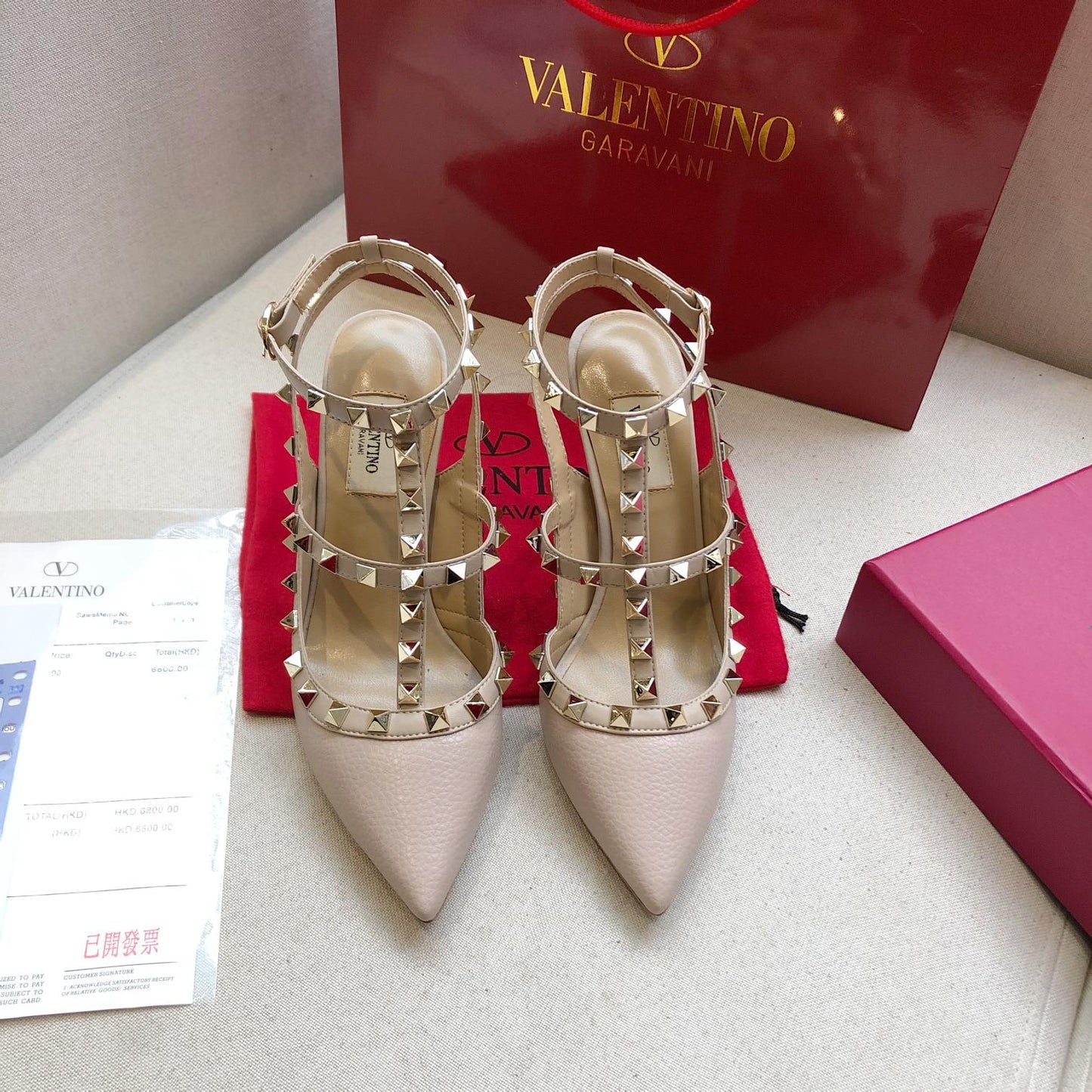 ROCKSTUD PALE PINK METALLIC CALFSKIN ANKLE STRAP HIGH SANDAL - 34 / 9.5 cm