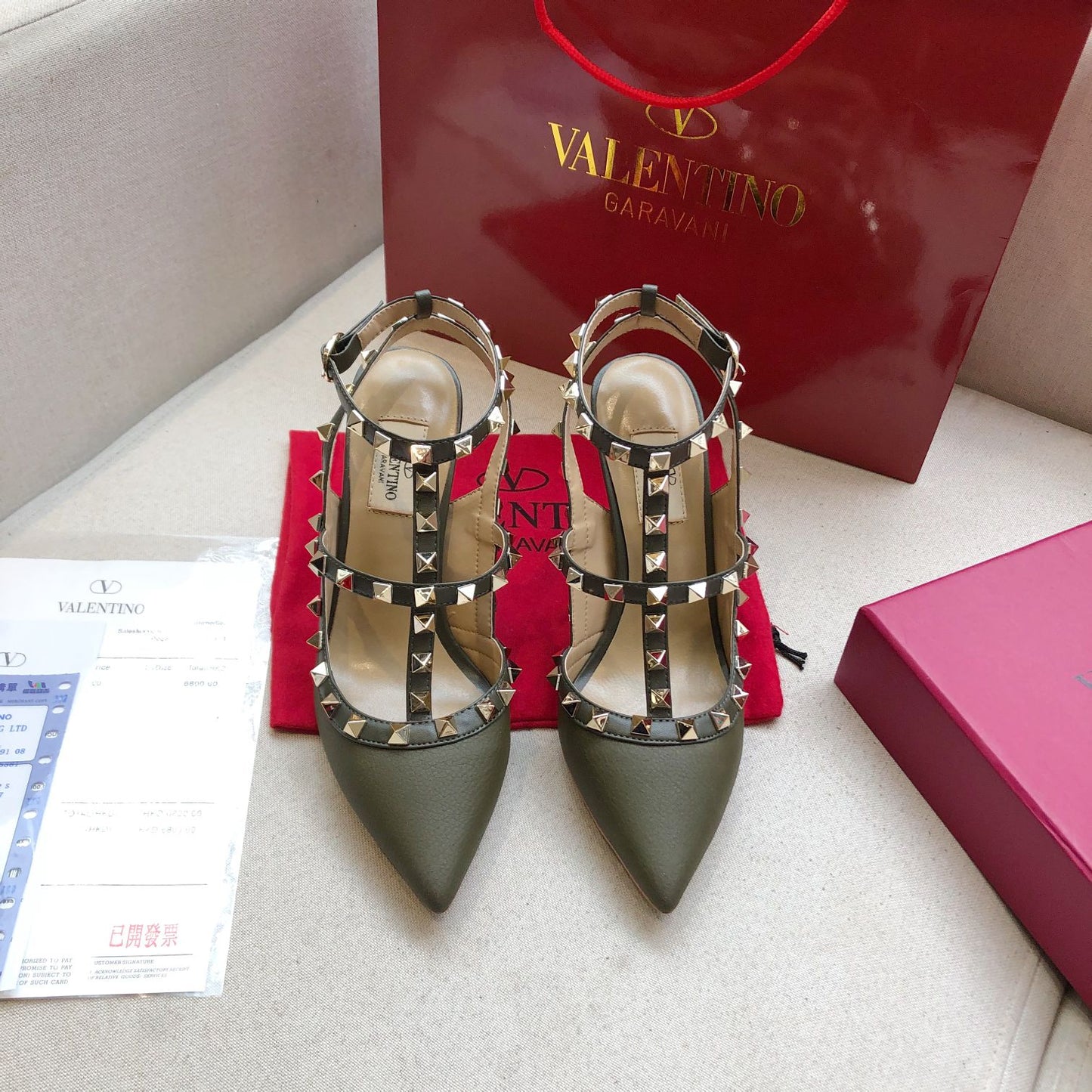 ROCKSTUD MOSS GREEN METALLIC CALFSKIN ANKLE STRAP HIGH SANDAL - 34 / 9.5 cm