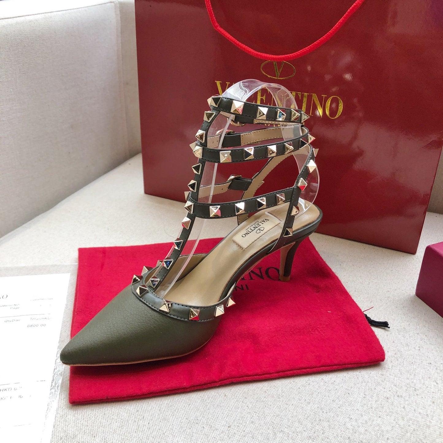 ROCKSTUD MOSS GREEN METALLIC CALFSKIN ANKLE STRAP HIGH SANDAL - 34 / 9.5 cm