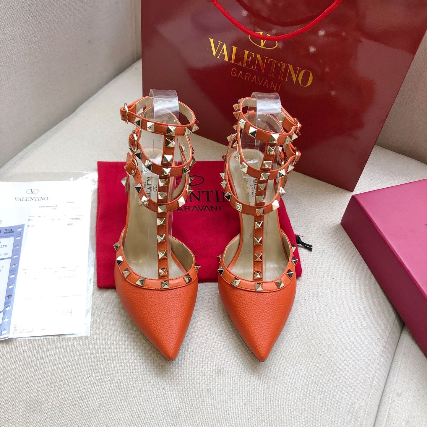 ROCKSTUD FIRE ORANGE METALLIC CALFSKIN ANKLE STRAP HIGH SANDAL - 34 / 9.5 cm