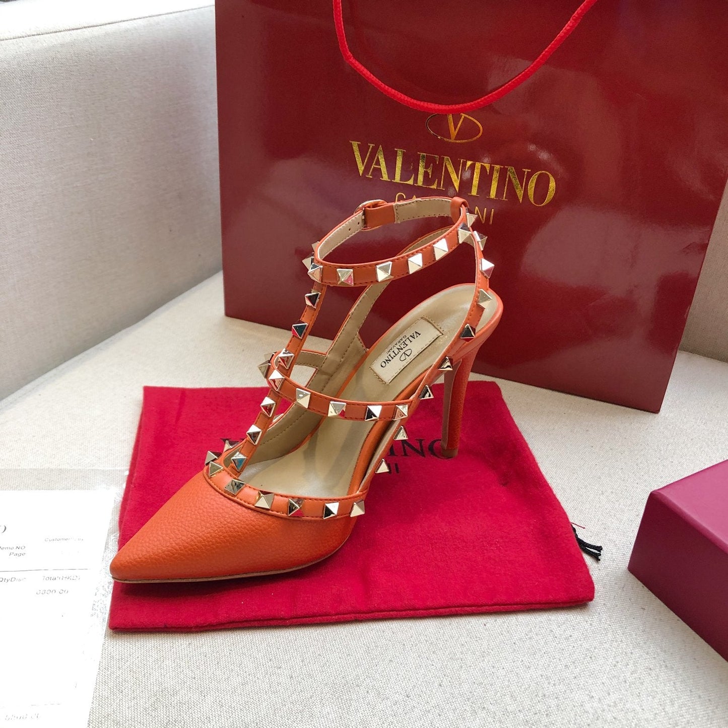 ROCKSTUD FIRE ORANGE METALLIC CALFSKIN ANKLE STRAP HIGH SANDAL - 34 / 9.5 cm