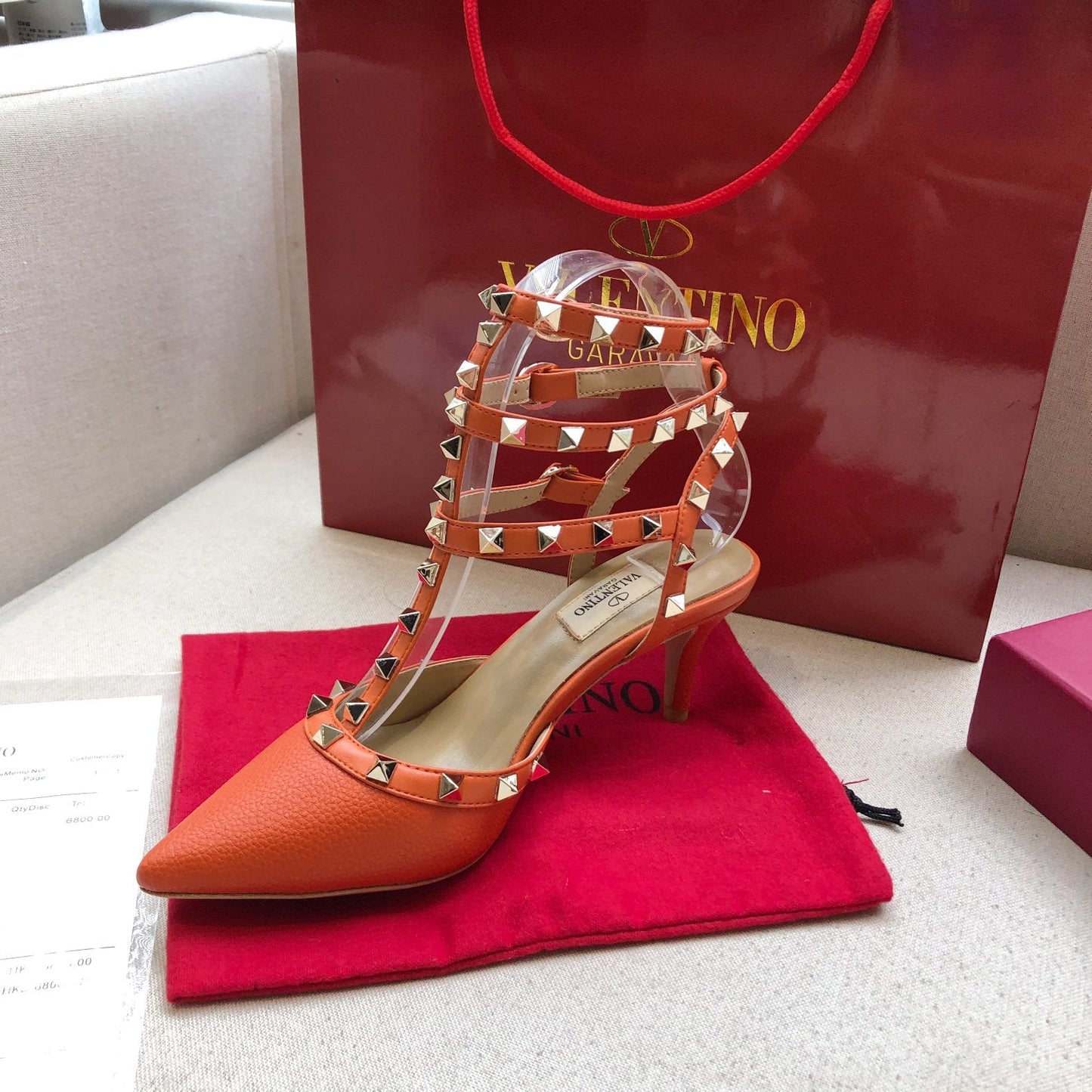 ROCKSTUD FIRE ORANGE METALLIC CALFSKIN ANKLE STRAP HIGH SANDAL - 34 / 9.5 cm