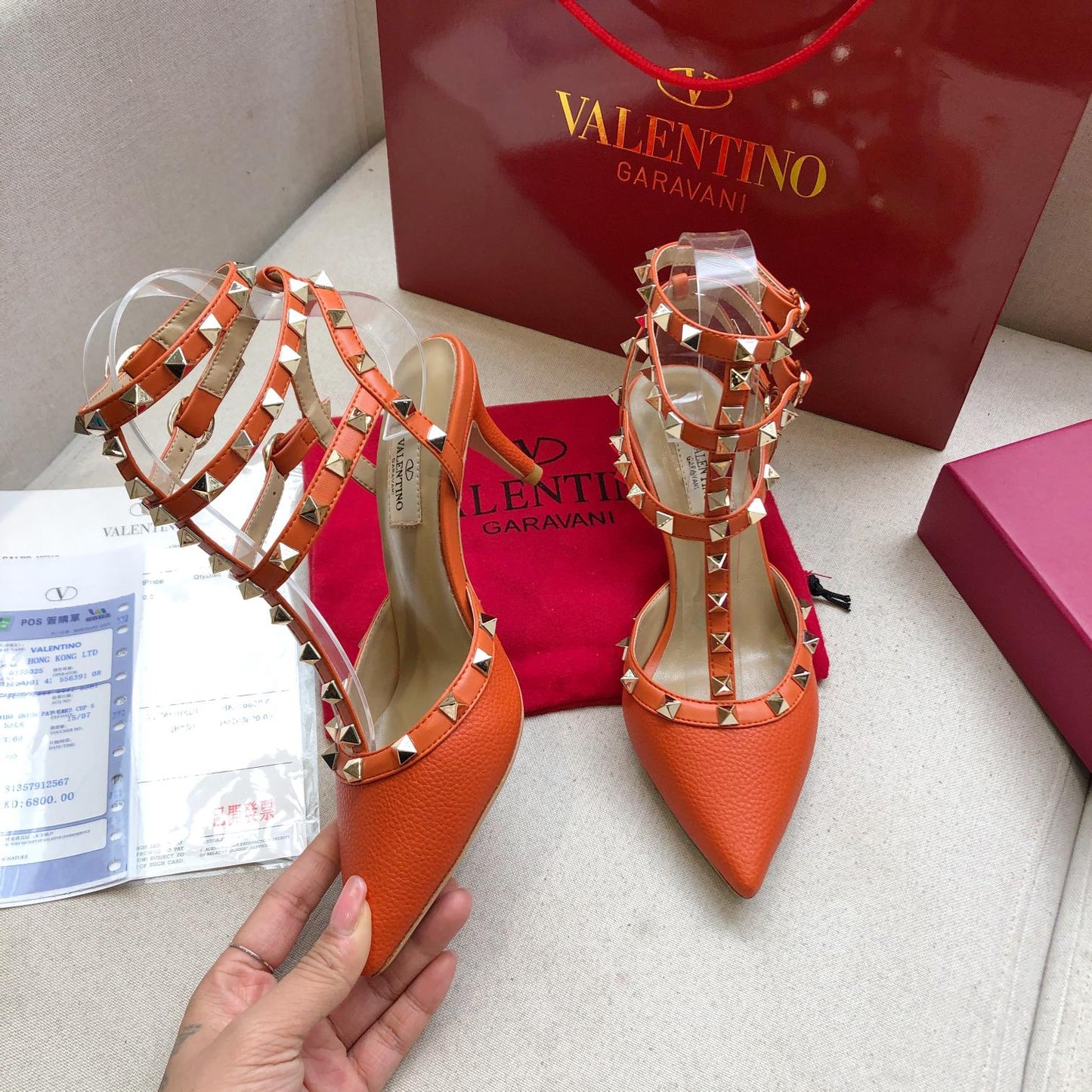 ROCKSTUD FIRE ORANGE METALLIC CALFSKIN ANKLE STRAP HIGH SANDAL - 34 / 9.5 cm