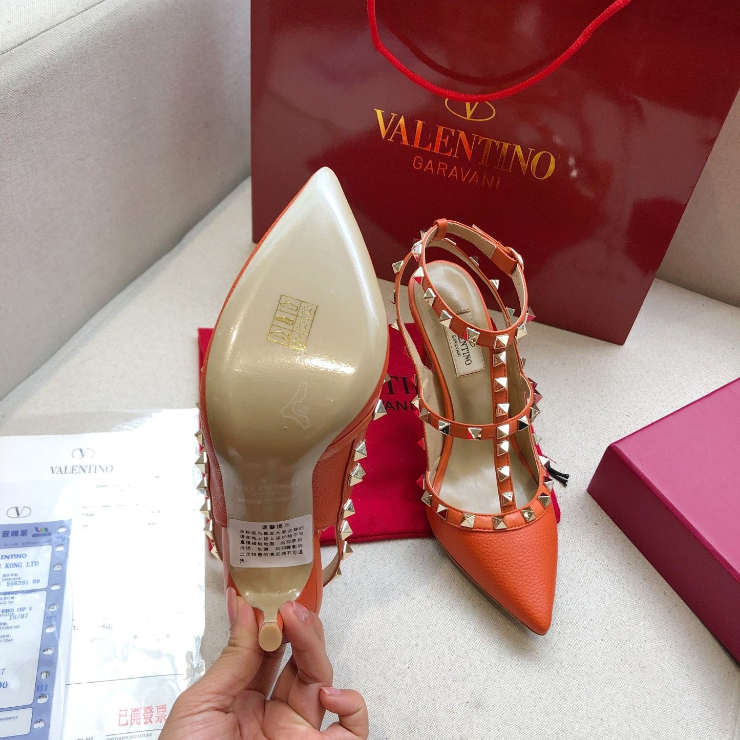 ROCKSTUD FIRE ORANGE METALLIC CALFSKIN ANKLE STRAP HIGH SANDAL - 34 / 9.5 cm