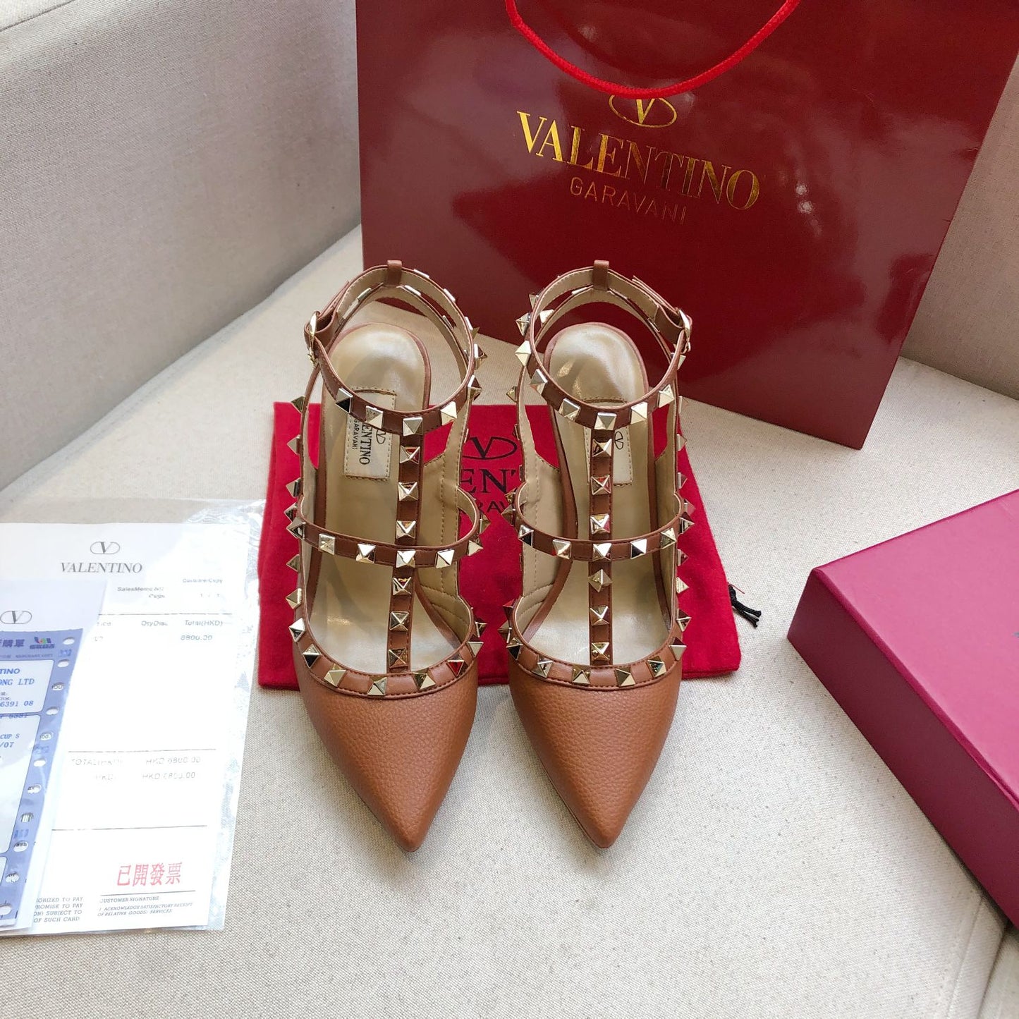 ROCKSTUD BRONZE BROWN METALLIC CALFSKIN ANKLE STRAP HIGH SANDAL - 34 / 9.5 cm