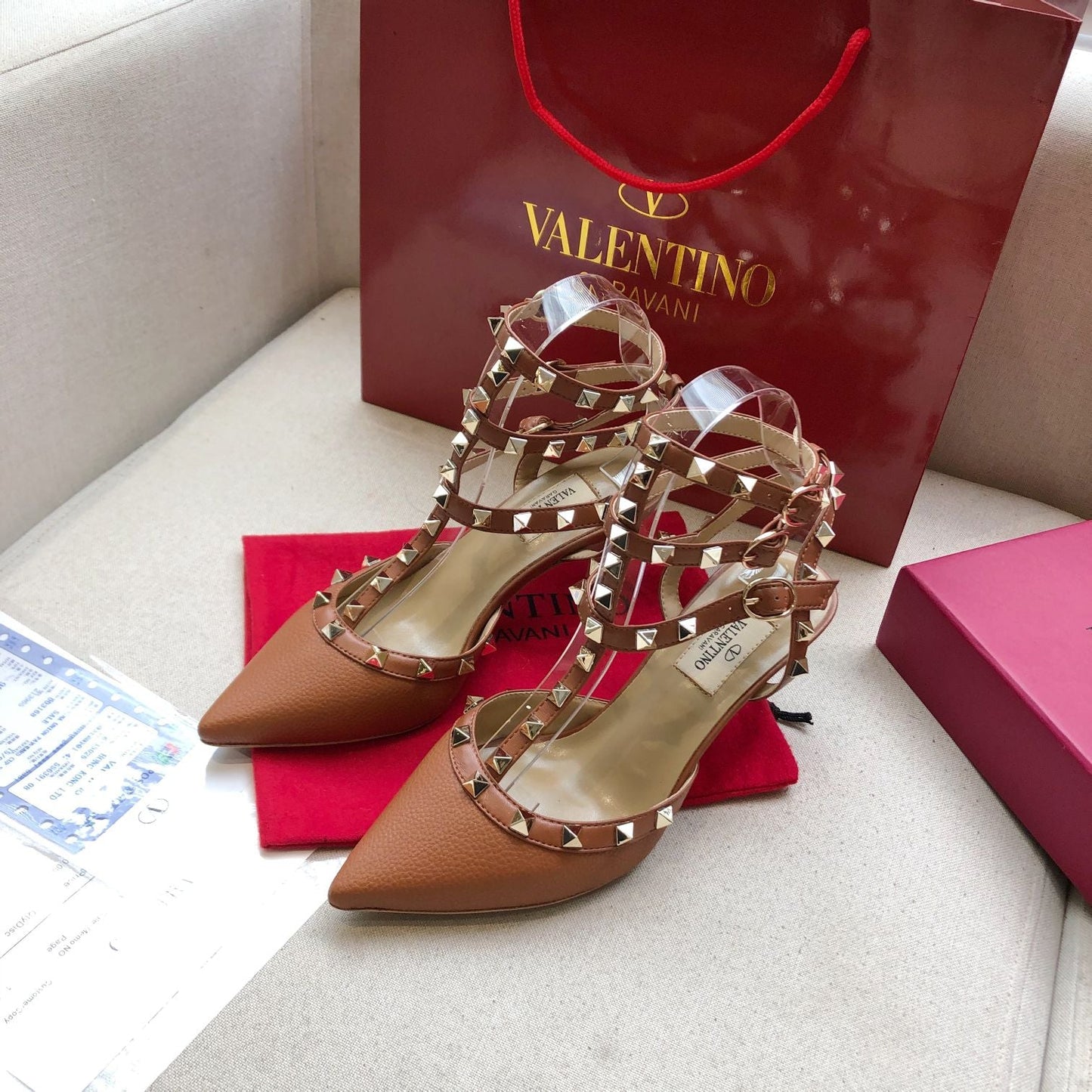 ROCKSTUD BRONZE BROWN METALLIC CALFSKIN ANKLE STRAP HIGH SANDAL - 34 / 9.5 cm