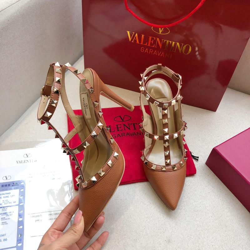 ROCKSTUD BRONZE BROWN METALLIC CALFSKIN ANKLE STRAP HIGH SANDAL - 34 / 9.5 cm