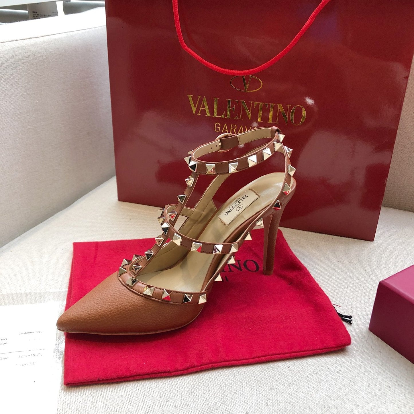 ROCKSTUD BRONZE BROWN METALLIC CALFSKIN ANKLE STRAP HIGH SANDAL - 34 / 9.5 cm