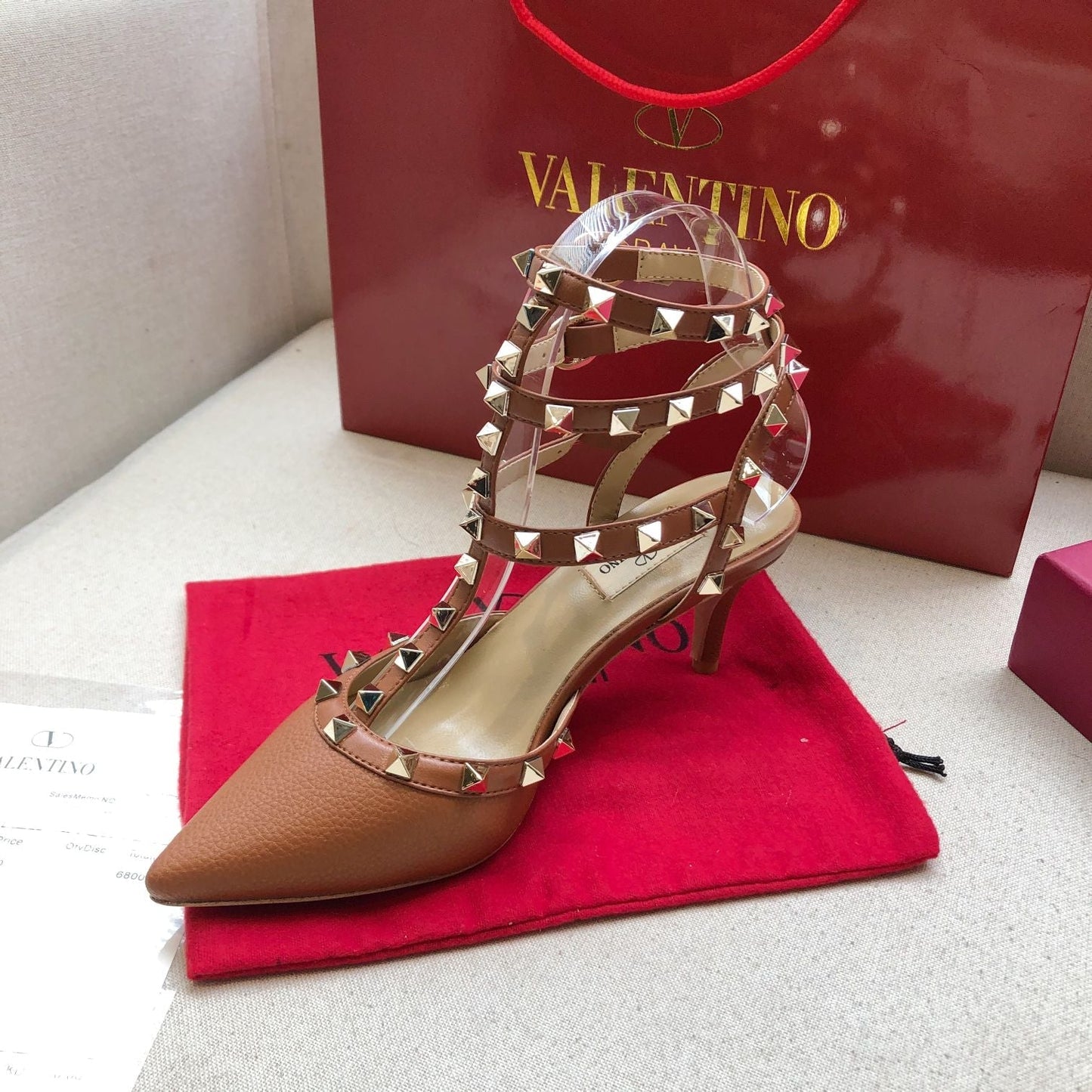 ROCKSTUD BRONZE BROWN METALLIC CALFSKIN ANKLE STRAP HIGH SANDAL - 34 / 9.5 cm