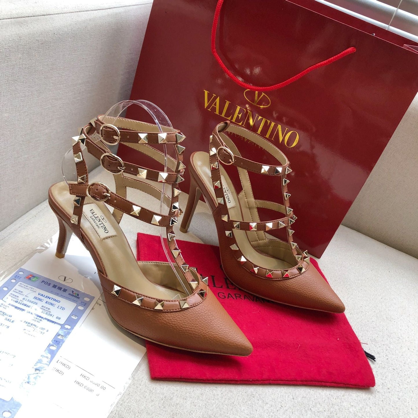 ROCKSTUD BRONZE BROWN METALLIC CALFSKIN ANKLE STRAP HIGH SANDAL - 34 / 9.5 cm