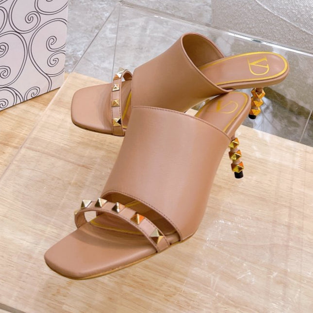 ROCKSTUD TOWER-HEEL MULES IN BRONZE BROWN CALFSKIN 7 CM - 34