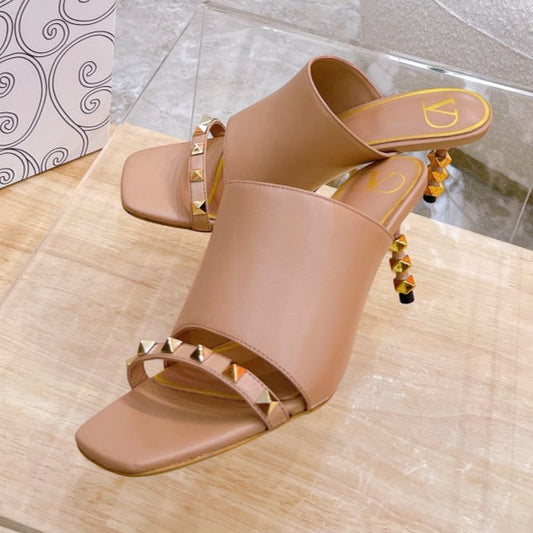 ROCKSTUD TOWER-HEEL MULES IN BRONZE BROWN CALFSKIN 7 CM - 34