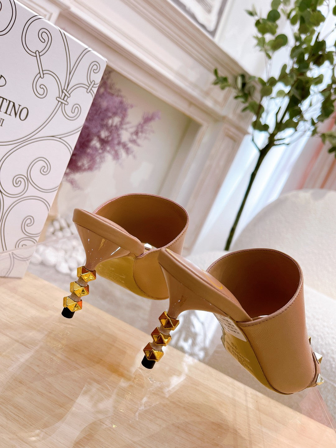 ROCKSTUD TOWER-HEEL MULES IN BRONZE BROWN CALFSKIN 7 CM - 34