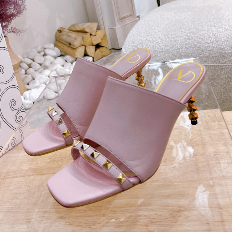 ROCKSTUD TOWER-HEEL MULES IN BABY PINK CALFSKIN 7 CM - 34