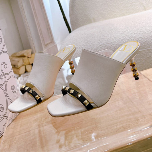 ROCKSTUD TOWER-HEEL MULES IN WHITE CALFSKIN 7 CM - 34