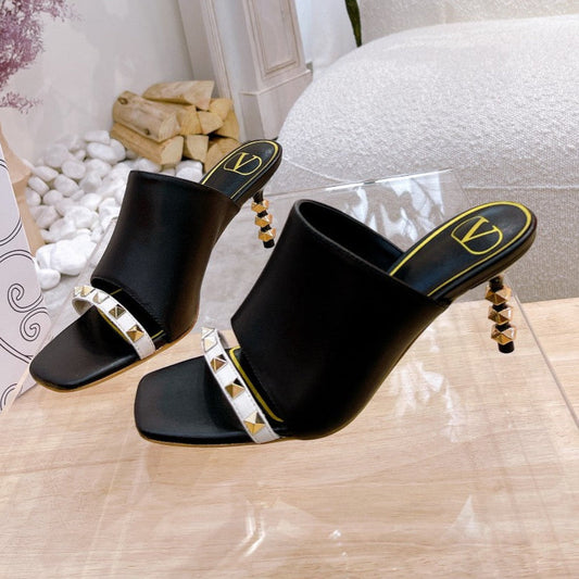 ROCKSTUD TOWER-HEEL MULES IN BLACK CALFSKIN 7 CM - 34