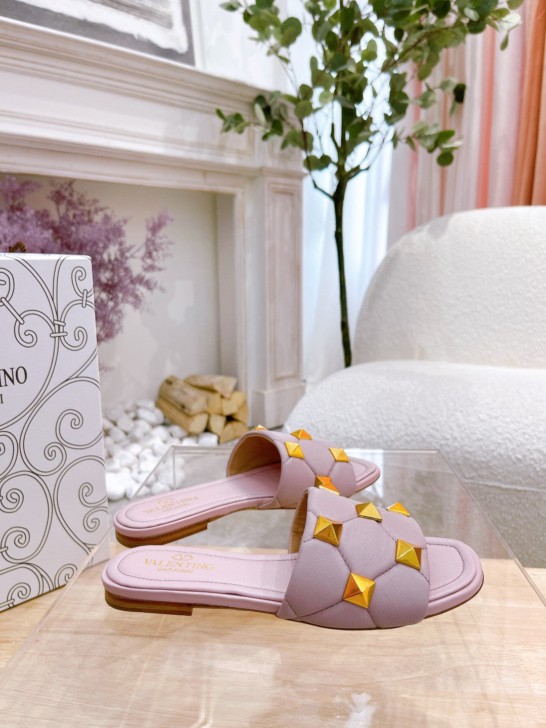 STUD FLAT SLIDE IN BABY PINK LAMBSKIN - 34