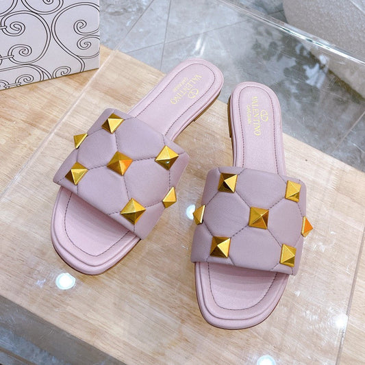 STUD FLAT SLIDE IN BABY PINK LAMBSKIN - 34