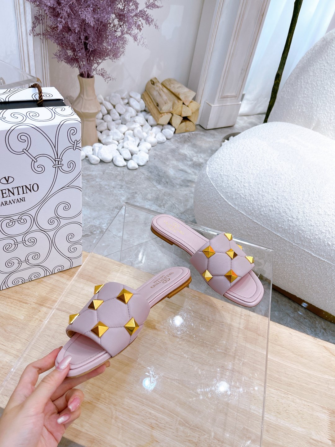 STUD FLAT SLIDE IN BABY PINK LAMBSKIN - 34